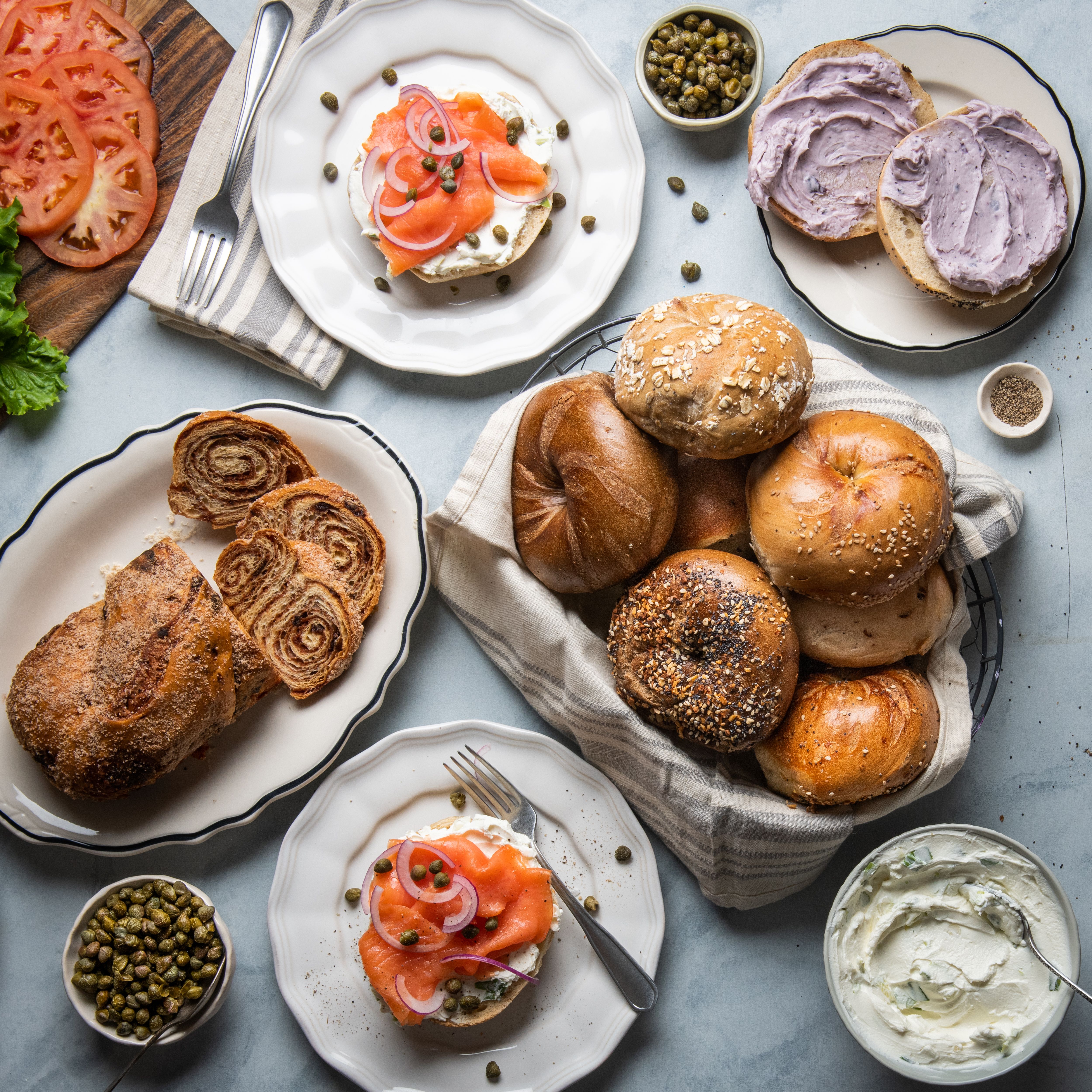 Table with spreads and bagels